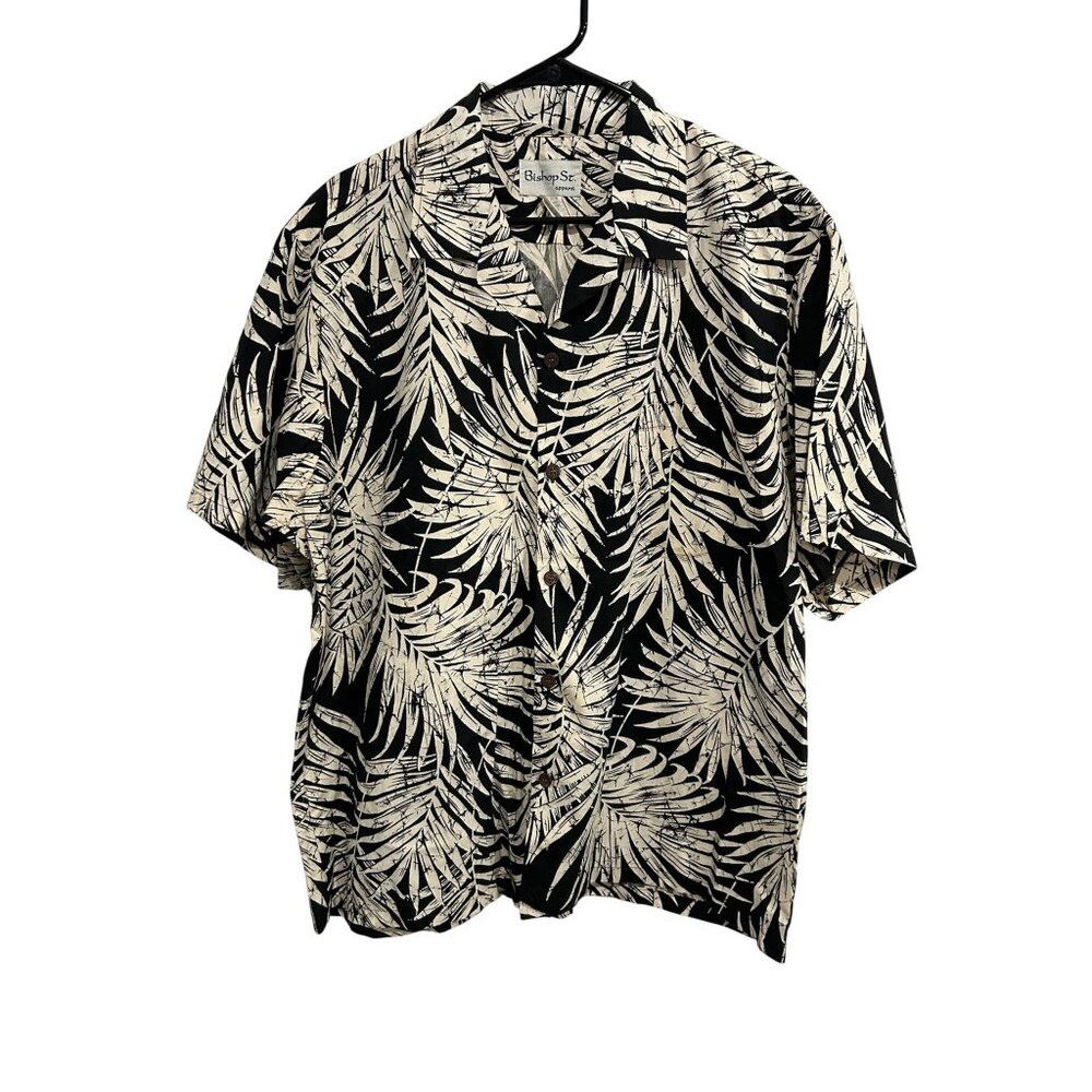 Bishop St. Apparel Hawaiian Shirt Black Beige Palm Leaf Print Cotton Size XL